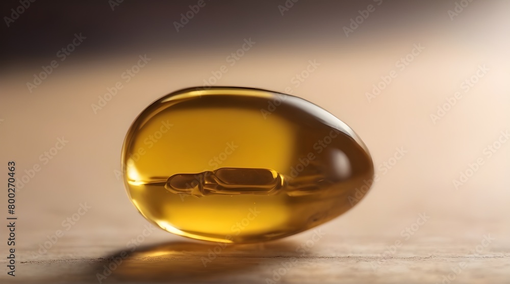 Bright yellow fish oil capsules or vitamin D capsules on a soft surface, symbolizing health and wellness at home. generative.ai