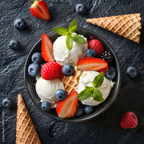 Bowl of ice cream with mint, strawberries and blueberries surrounded in the style of waffle cones on a light grey background, summer food concept