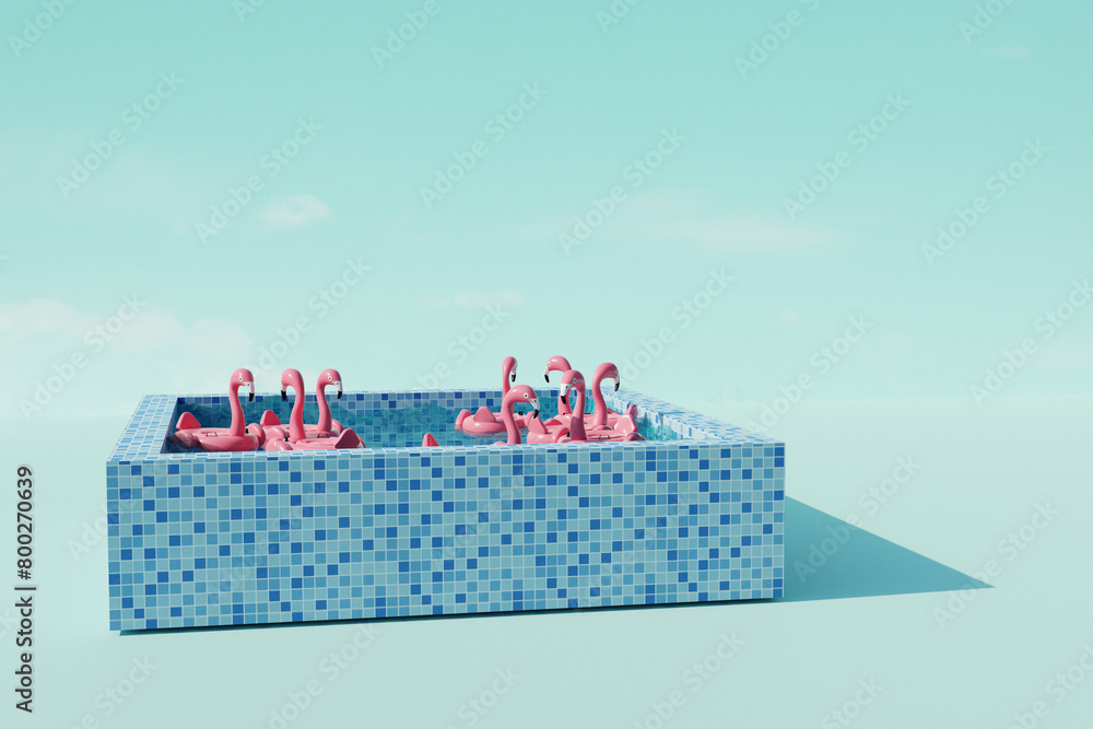 Obraz premium Flamingo floats in swimming pool. Summer swimming pool party. 3d render. Front view