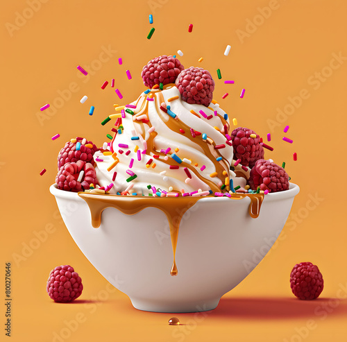 Bowl of ice cream with sprinkles and raspberries, drizzled in caramel sauce