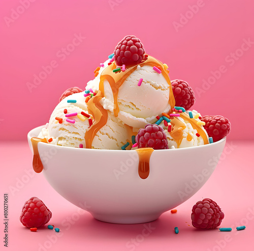 Bowl of ice cream with sprinkles and raspberries, drizzled in caramel sauce