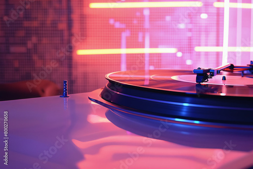 Old fashioned turntable with record. Vintage turntable, vinyl record player in neon lights. Reflecting light in a nightclub. (ID: 800270658)