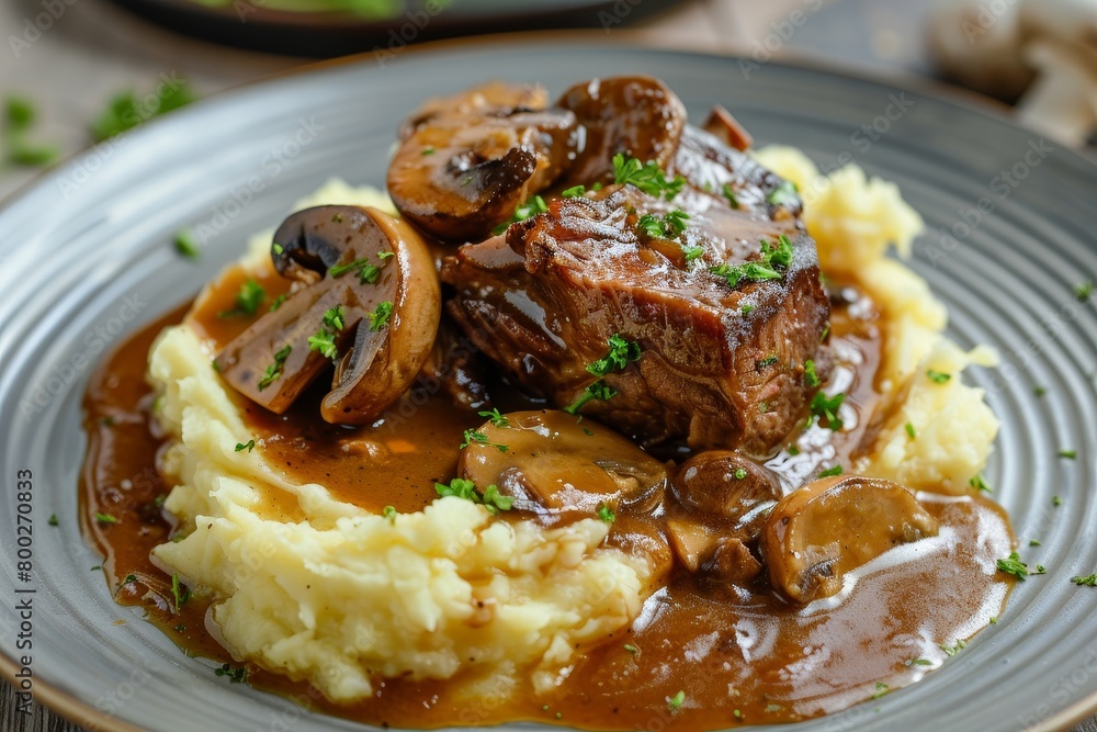 Modern plate featuring traditional German pork cheeks in brown sauce mushrooms and mashed potatoes Modern plate featuring traditional German pork cheeks in brown sauce mushrooms and mashed potatoes