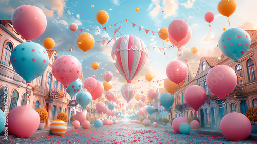 A street is decorated with colorful balloons and party streamers. The sky is a clear blue and there are buildings on either side of the street.