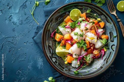 Modern presentation of classic Peruvian ceviche with sea bass sweet potatoes and cancha in lime sauce photo
