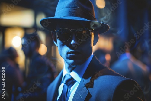 Mysterious Man in Hat and Sunglasses at Night 