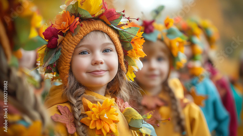 Smiling child adorned with a crown of autumn leaves looks at the camera, with bright colors