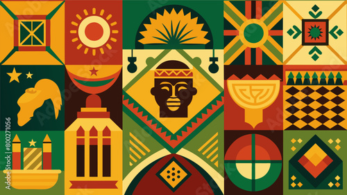 An intricately detailed mural featuring symbols of African heritage such as Adinkra symbols and kente cloth patterns celebrating the cultural roots. Vector illustration