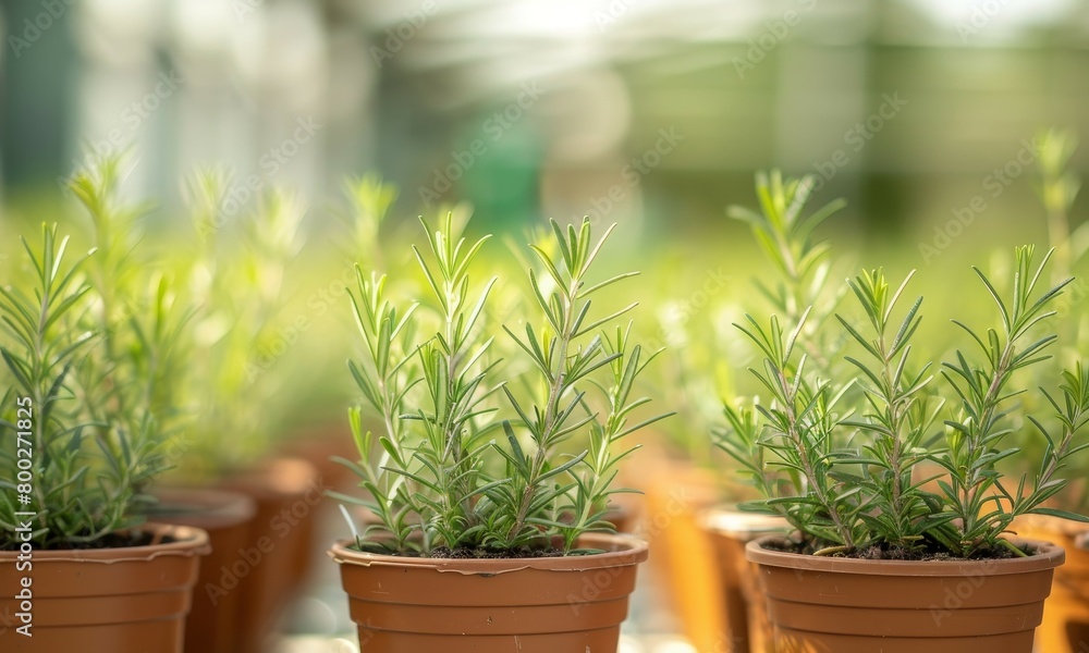 Multiple potted rosemary plants in closeup view with blurred background