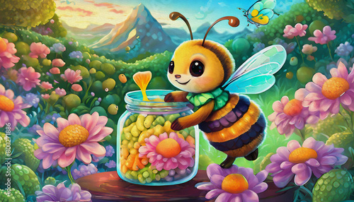 oil painting style CARTOON CHARACTER CUTE baby honey bee collecting nectar from a jar  flower