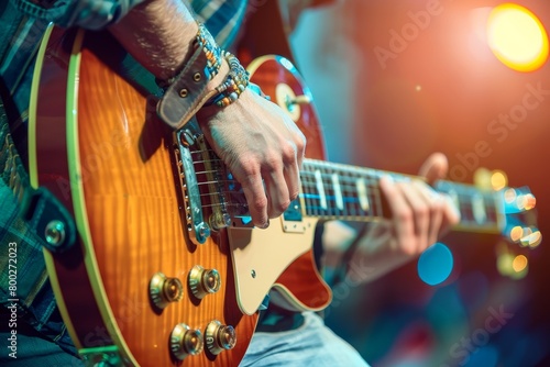 Musician plays electric guitar solo Close up shot