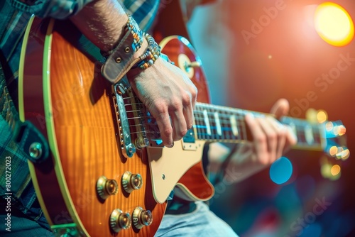 Musician plays electric guitar solo Close up shot photo