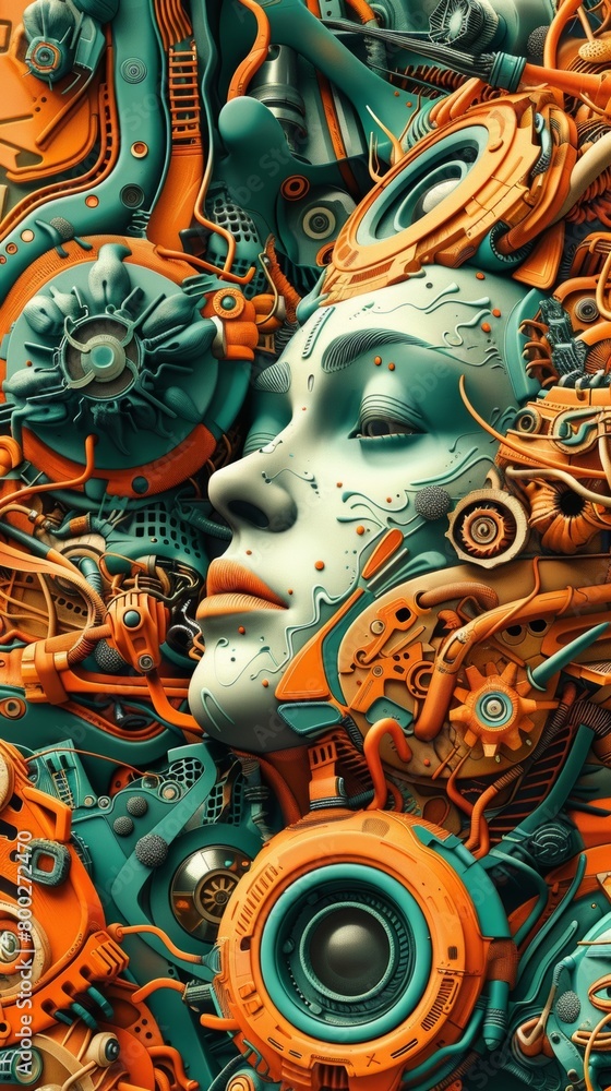 A woman's face is covered in machinery and wires. The image is a work of art that combines elements of science fiction and surrealism.