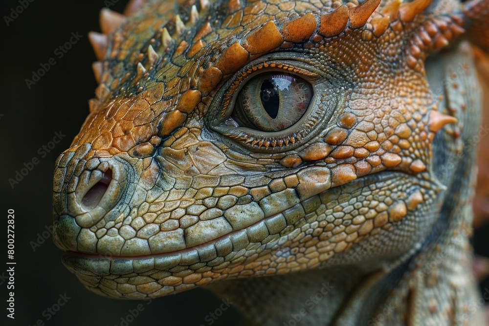 Fototapeta premium Closeup of a lizard's head with eyes open and mouth agape, showing intricate details of reptilian features