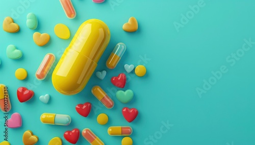 A yellow pill capsule with colorful heart pills on a cyan background.
