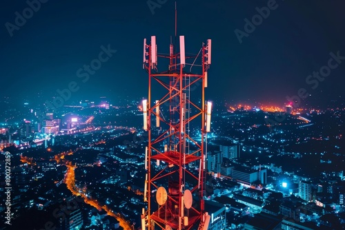 Night city background with 5G tower antenna