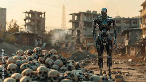 Metal robot in destroyed city, humans skulls everywhere, end of civilization concept