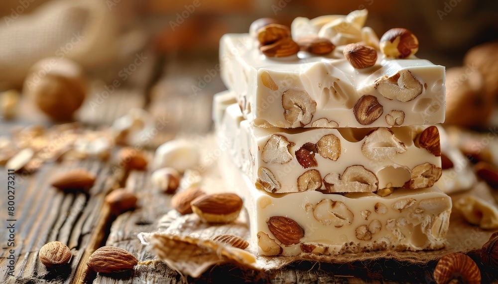 Nuts covered confectionary on wooden backdrop