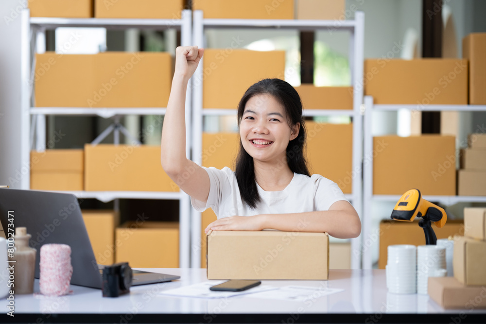 Online business owner winning on laptop for small business, startup success and online shop goals celebration. Ecommerce seller, asian person or winner yes, celebrate her clothes sales or profit. Online business owner winning on laptop for small business, startup success and online shop goals celebration. Ecommerce seller, asian person or winner yes, celebrate her clothes sales or profit.