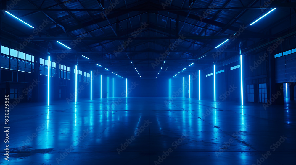 The dark garage background perspective view of a warehouse in the hangar with LED neon blue lighting. The modern design of the size empty room, with aabstract space interior. Concept of show, industry The dark garage background perspective view of a warehouse in the hangar with LED neon blue lighting. The modern design of the size empty room, with aabstract space interior. Concept of show, industry