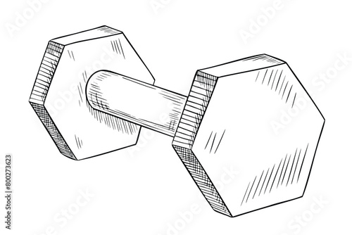 Dumbbell for Fitness. Vector Barbell illustration on isolated background. Linear drawing of Sports equipment for weightlifting in gym painted by black inks. Training weights sketch for icon or logo.