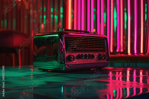 Vintage radio on top of a table in a cafe, cyberpunk style. Abstract  old radio on the table. (ID: 800273841)