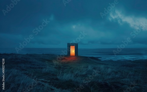 An open grassy field with the ocean in the backdrop, a door of bright light standing by itself. The sky is cloudy and has a dark blue hue.