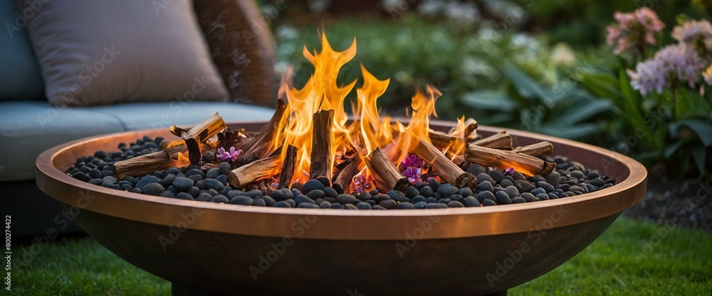 An enchanting backyard scene with a vibrant bonfire in a stylish fire bowl, ideal for outdoor gatherings and moments of relaxation An enchanting backyard scene with a vibrant bonfire in a stylish fire bowl, ideal for outdoor gatherings and moments of relaxation