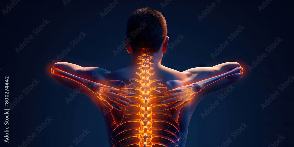 Ankylosing Spondylitis: The Back Stiffness and Pain - Visualize a person struggling to straighten their back, with highlighted spine and pain lines
