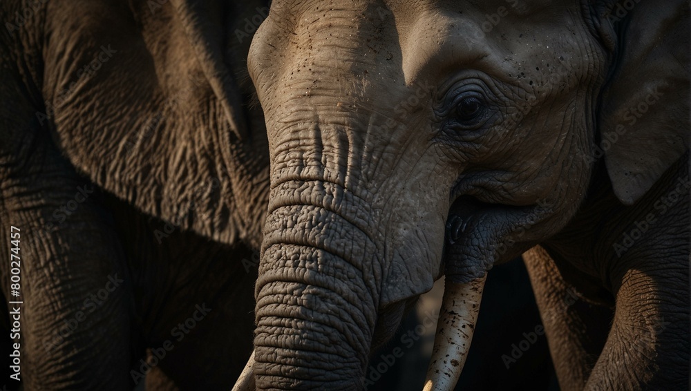 This close-up captures the textured skin and peaceful demeanor of an elephant during the golden hour This close-up captures the textured skin and peaceful demeanor of an elephant during the golden hour