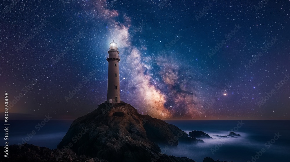 AI-generated illustration of a lighthouse under a dark sky with a Milky Way in the background