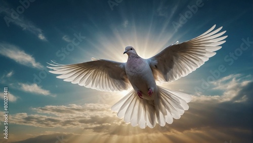 A breathtaking image capturing the essence of freedom with a white dove in flight against a sunburst sky, symbolizing peace and hope