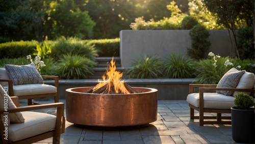 This image captures a lavish fire feature in a tranquil backyard, perfect for elegant outdoor living and stylish entertainment photo