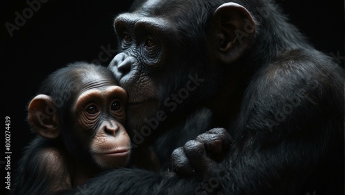 Captivating image of an adult chimpanzee and its young showcasing a tender and protective gesture