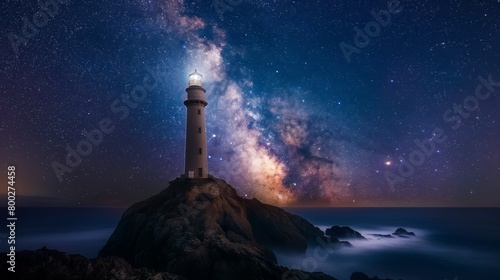 AI-generated illustration of a lighthouse under a dark sky with a Milky Way in the background