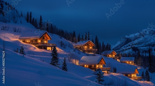 AI-generated illustration of a serene village on the snowy hillside in the evening
