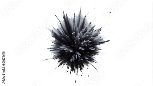 A striking black ink blot exploding dynamically against a stark white background  symbolizing chaos and creativity