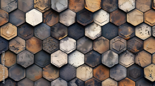 A pattern of hexagonal tiles in muted earth tones, from pale clay to dark soil, arranged in a complex, overlapping design that suggests natural growth, captured with a panoramic lens for a wide view photo