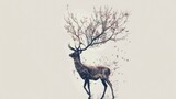 A deer with antlers made of branches and flowers, standing on its hind legs, its body merging into the tree trunk