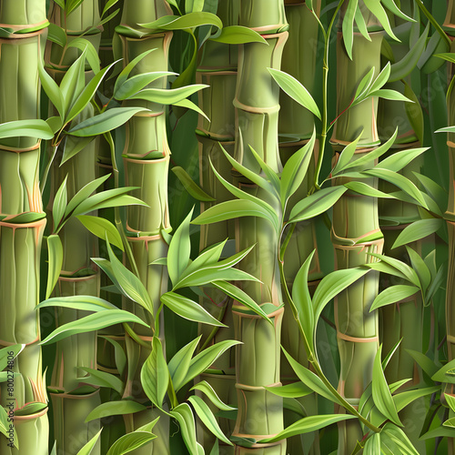 A green bamboo forest with leaves and stems. The image has a calming and peaceful mood  as the bamboo forest is a natural and serene environment. Generative Ai