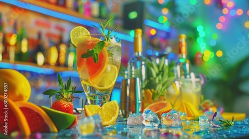 A bar with a variety of drinks and fruit on the counter. The drinks include a glass of orange juice with a slice of lime and a glass of lemonade