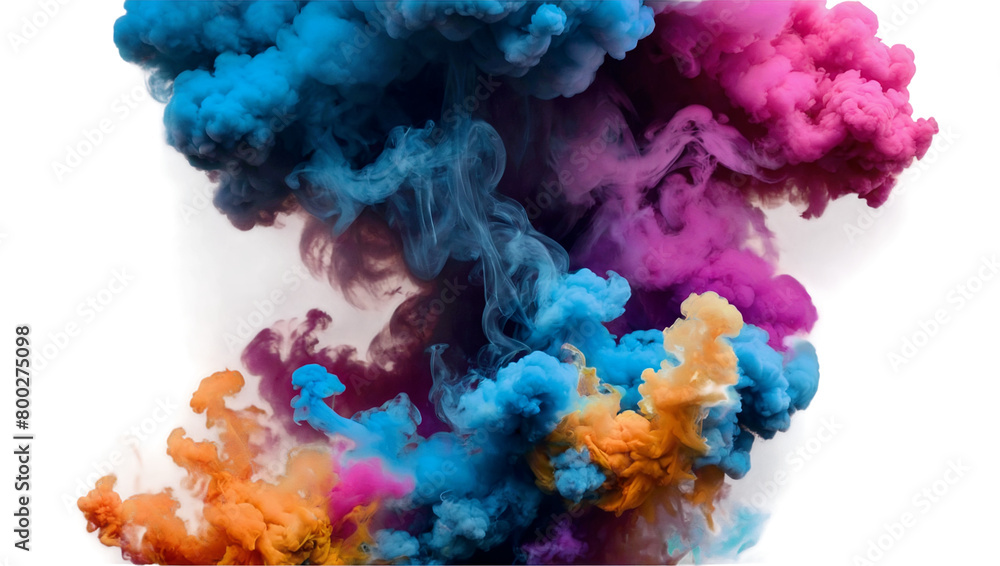 A complex intertwining of vibrant smoke clouds in various colors against a pure white background A complex intertwining of vibrant smoke clouds in various colors against a pure white background