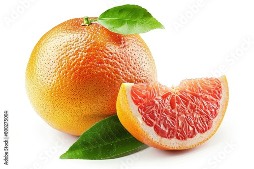 Organic grapefruit on white background Grapefruit with leaf Full depth of field with clipping path