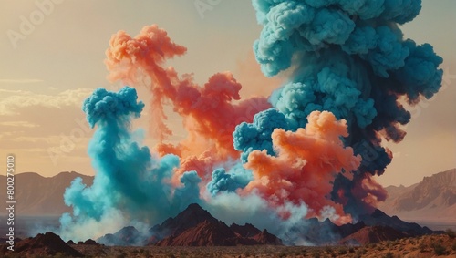 Two large colorful smoke plumes rise over a mountain range, creating a vivid and dynamic visual effect photo