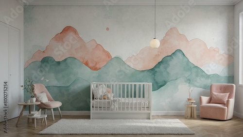 A cozy nursery room featuring a soft-toned mountain wall mural, creating a calming and nurturing environment for a baby