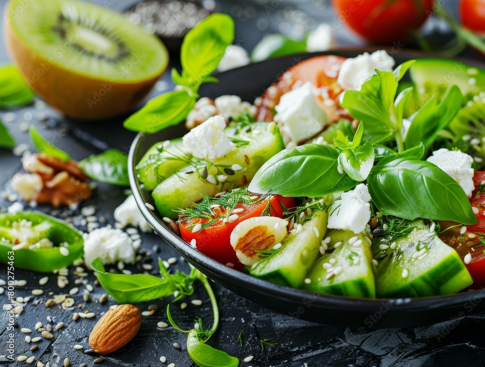 Organic salad with tomatoes basil dill feta cheese sesame Kiwi avocado nuts Superfood snacks with spirulina flax seeds ginger wasabi kelp Proper nutrition Organic salad with tomatoes basil dill feta cheese sesame Kiwi avocado nuts Superfood snacks with spirulina flax seeds ginger wasabi kelp Proper nutrition