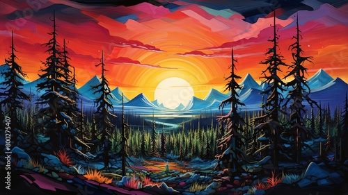 Breathtaking Sunset Over a Majestic Mountain Lake with Towering Peaks and a Lush Evergreen Forest © Mickey