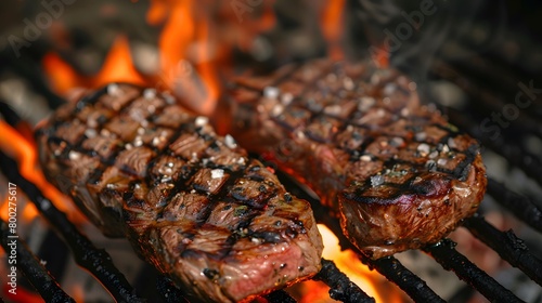 Sizzling steaks on a grill, one above and another below flames, with a closeup of meat against a flame-style background, for a barbecue scene.