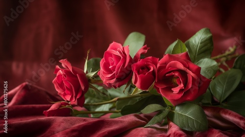 AI generated illustration of freshly picked roses laid out on vibrant red fabric