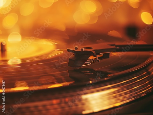 AI generated illustration of a close-up of a turntable with yellow lights in the background